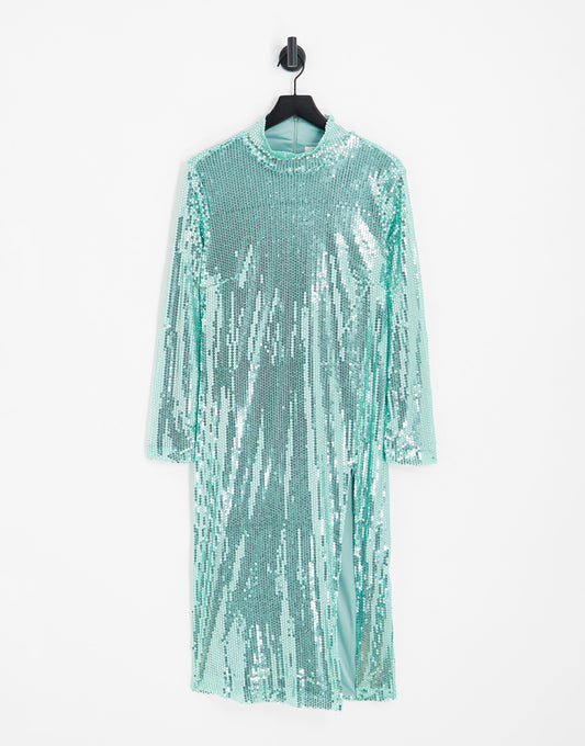 Simmi Plus Summer sequin high neck midi dress with thigh split in turquoise