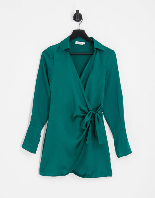 Public Desire x Paris Artiste Exclusive satin wrap shirt dress with split sleeve detail in emerald green