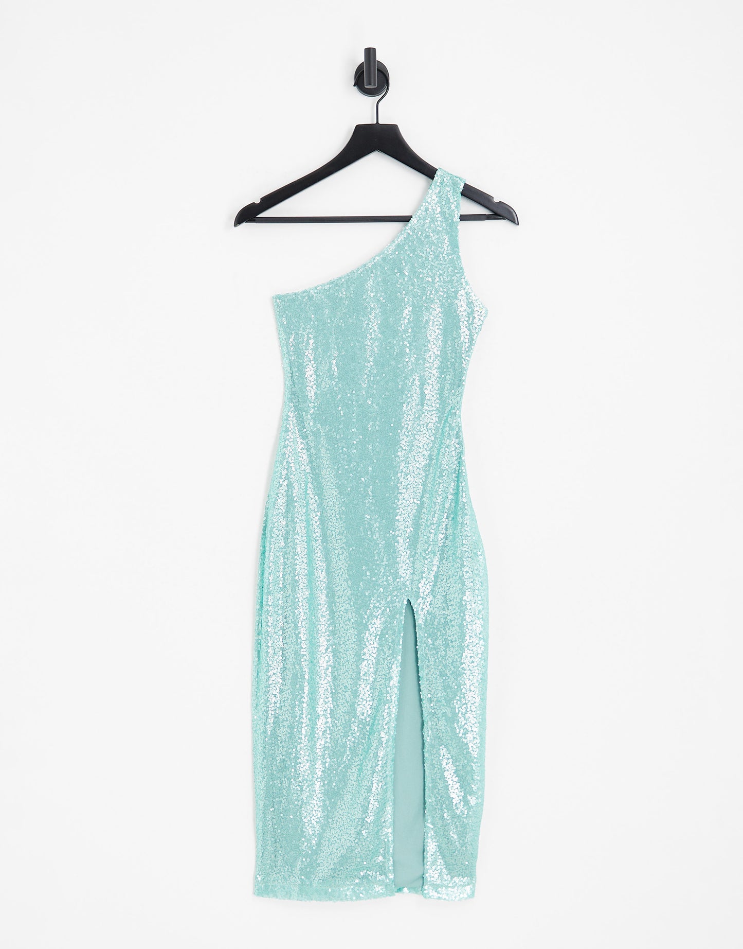 Simmi Petite Summer sequin embellished one shoulder midi dress with thigh split in turquoise