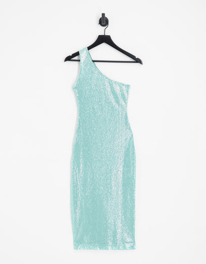 Simmi Petite Summer sequin embellished one shoulder midi dress with thigh split in turquoise