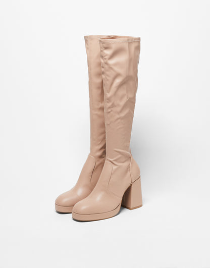 Schuh Wide Fit Della second skin heeled knee boots in stone