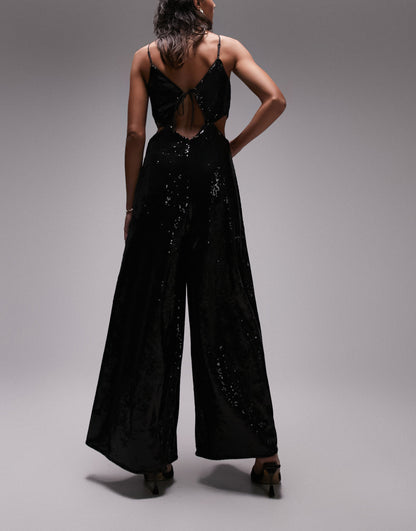 Topshop embellished cut out jumpsuit in black