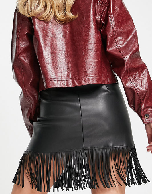 Violet Romance faux leather fringed mini skirt in black