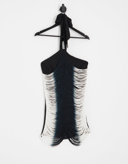 Topshop halter neck ombre fringe detail mini dress in mono