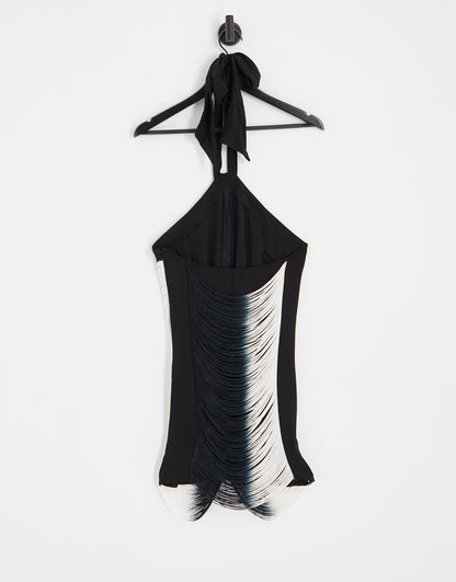 Topshop halter neck ombre fringe detail mini dress in mono