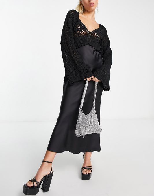 ASOS DESIGN long sleeve crochet bodice satin maxi dress in black