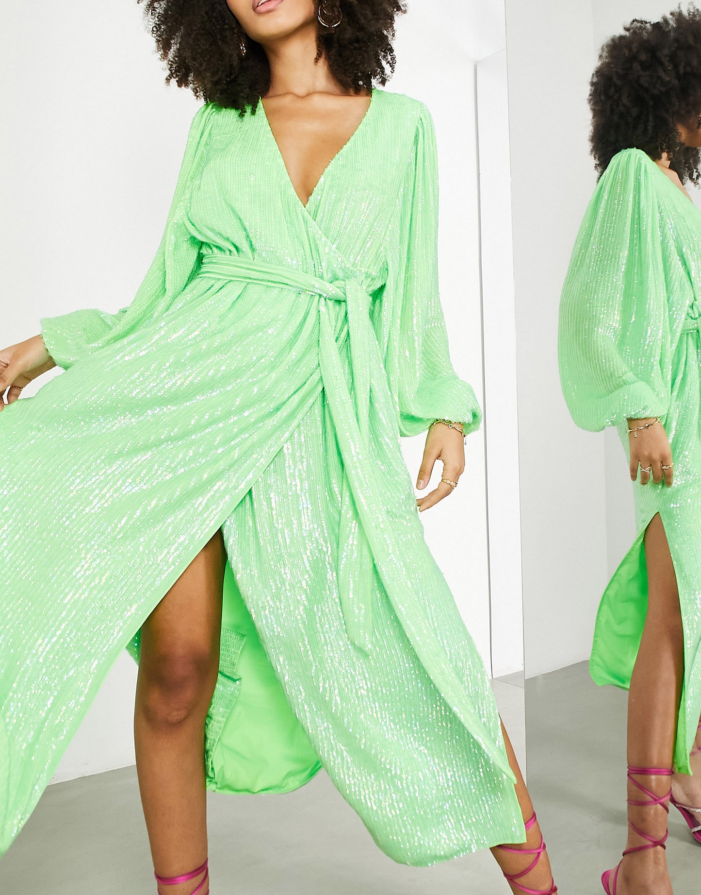 ASOS EDITION crystal sequin wrap midi dress with blouson sleeve in lime green