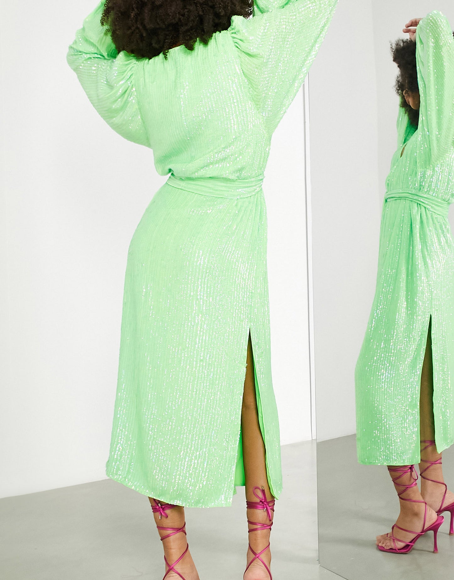 ASOS EDITION crystal sequin wrap midi dress with blouson sleeve in lime green