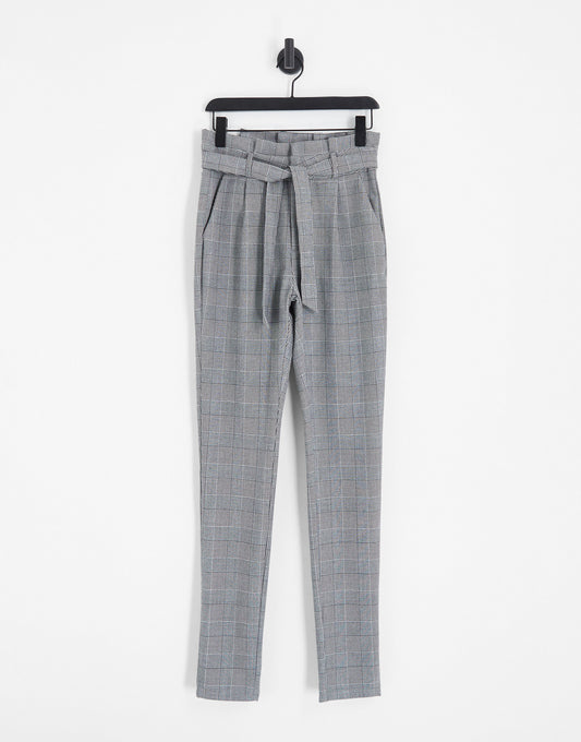 Vero Moda Tall tapered trousers with tie front in grey check