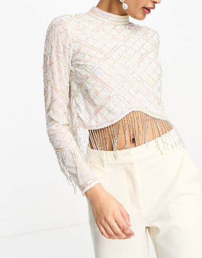 ASOS DESIGN high neck long sleeve embellished check festival top with fringed hem in cream