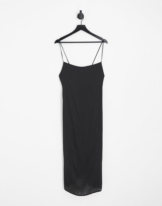 Pull&Bear black satin midi slip dress in black