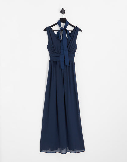 Vila Bridesmaid tie back maxi dress in navy