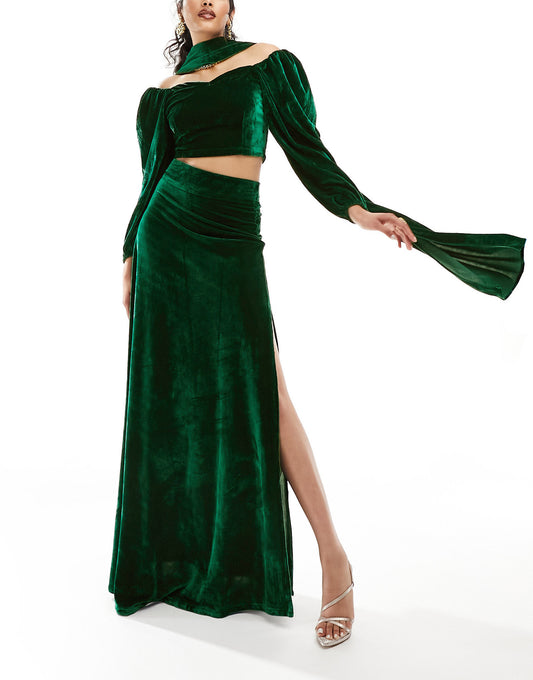 Kanya London velvet lehenga skirt with split in emerald green