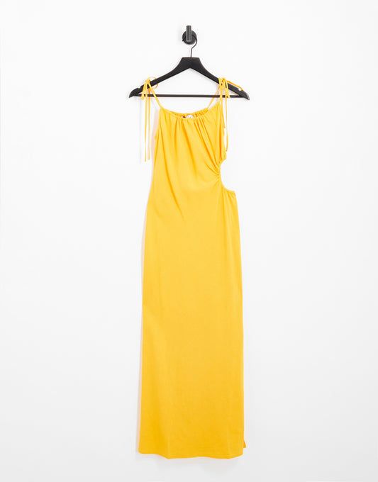 & Other Stories linen blend maxi dress with ruching and side cut out in yellow