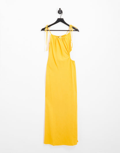 & Other Stories linen blend maxi dress with ruching and side cut out in yellow