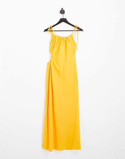 & Other Stories linen blend maxi dress with ruching and side cut out in yellow