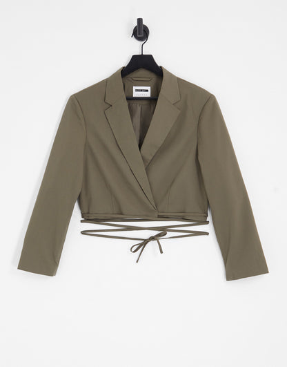 Noisy May Curve cropped tie detail blazer co-ord in brown