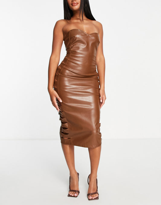 Missyempire leather look bandeau cut out midi dress in brown