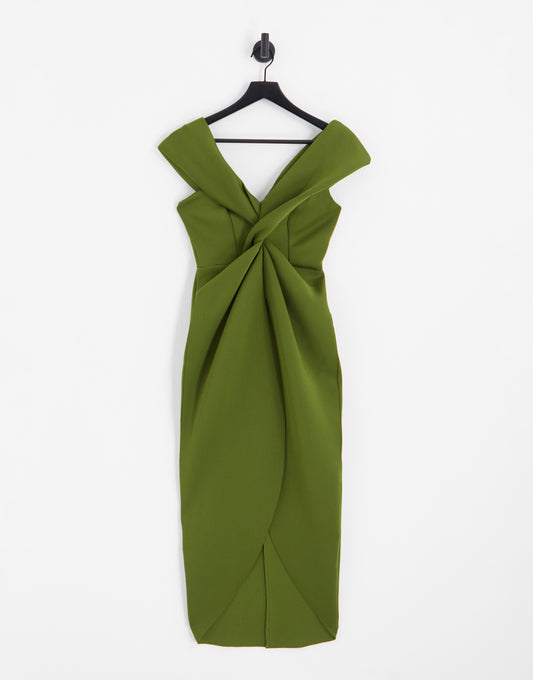 ASOS DESIGN Tall off shoulder twist front midi dress olive