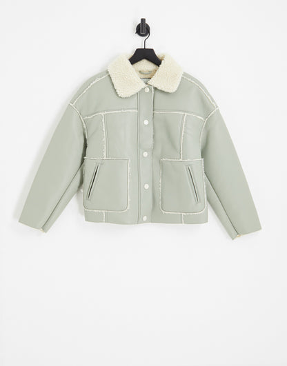 Urban Code pu avaitor jacket in sage green with contrast cream borg trims