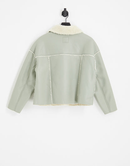 Urban Code pu avaitor jacket in sage green with contrast cream borg trims