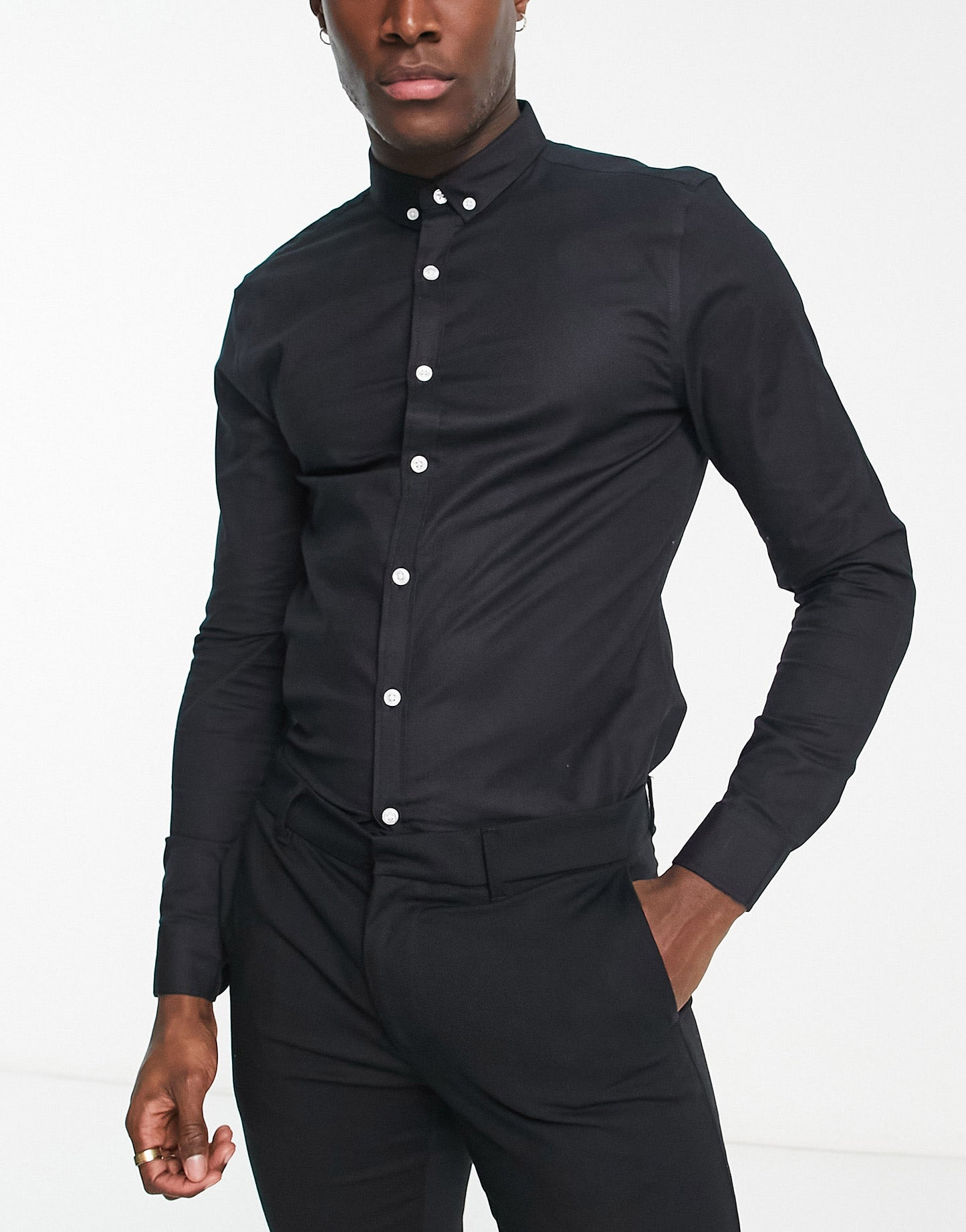 New Look long sleeve muscle fit oxford shirt in black