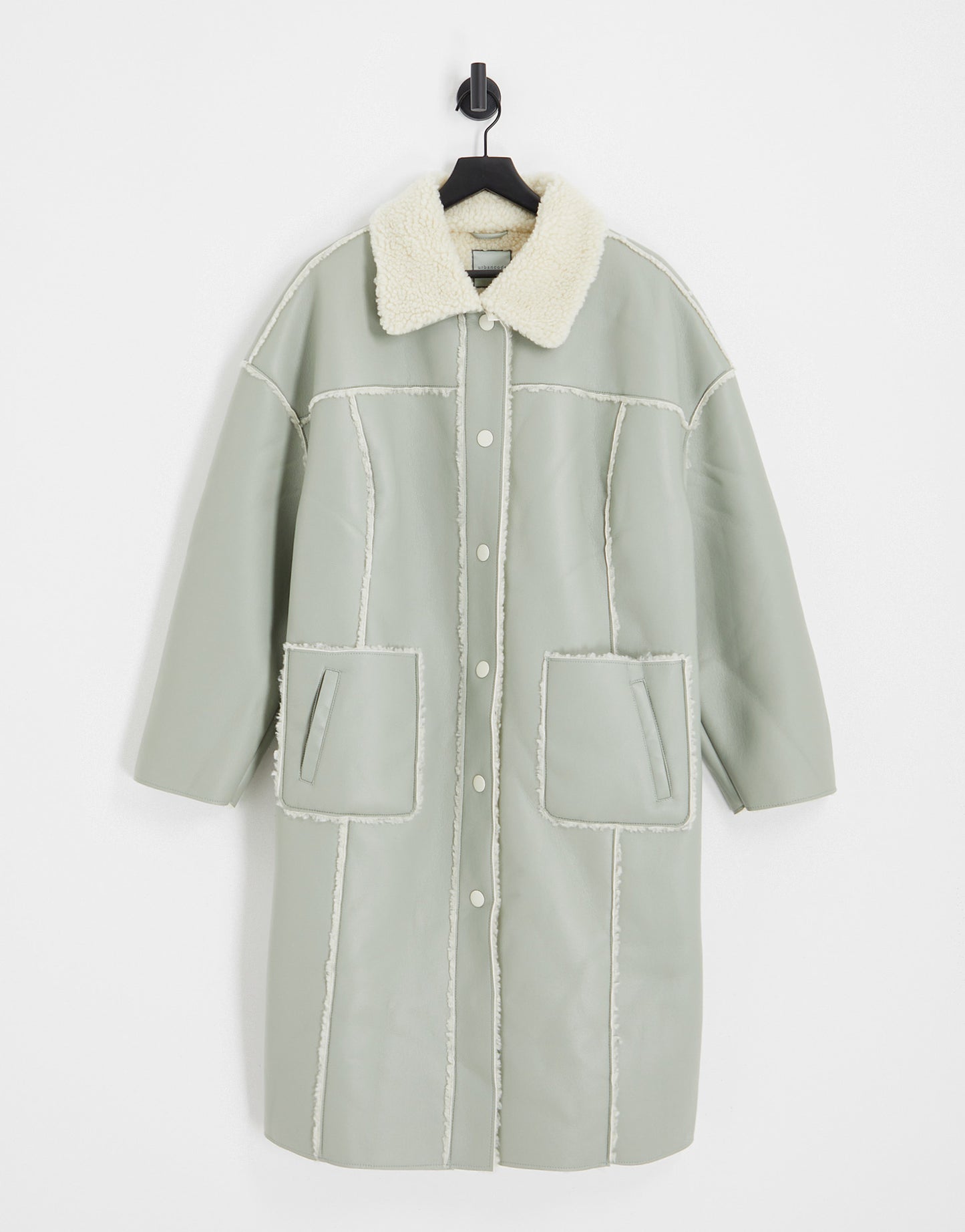 Urban Code Plus longline pu avaitor coat in sage green with contrast cream borg trims