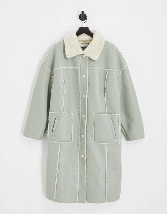 Urban Code Plus longline pu avaitor coat in sage green with contrast cream borg trims