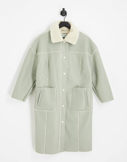 Urban Code Petite longline pu avaitor coat in sage green with contrast cream borg trims