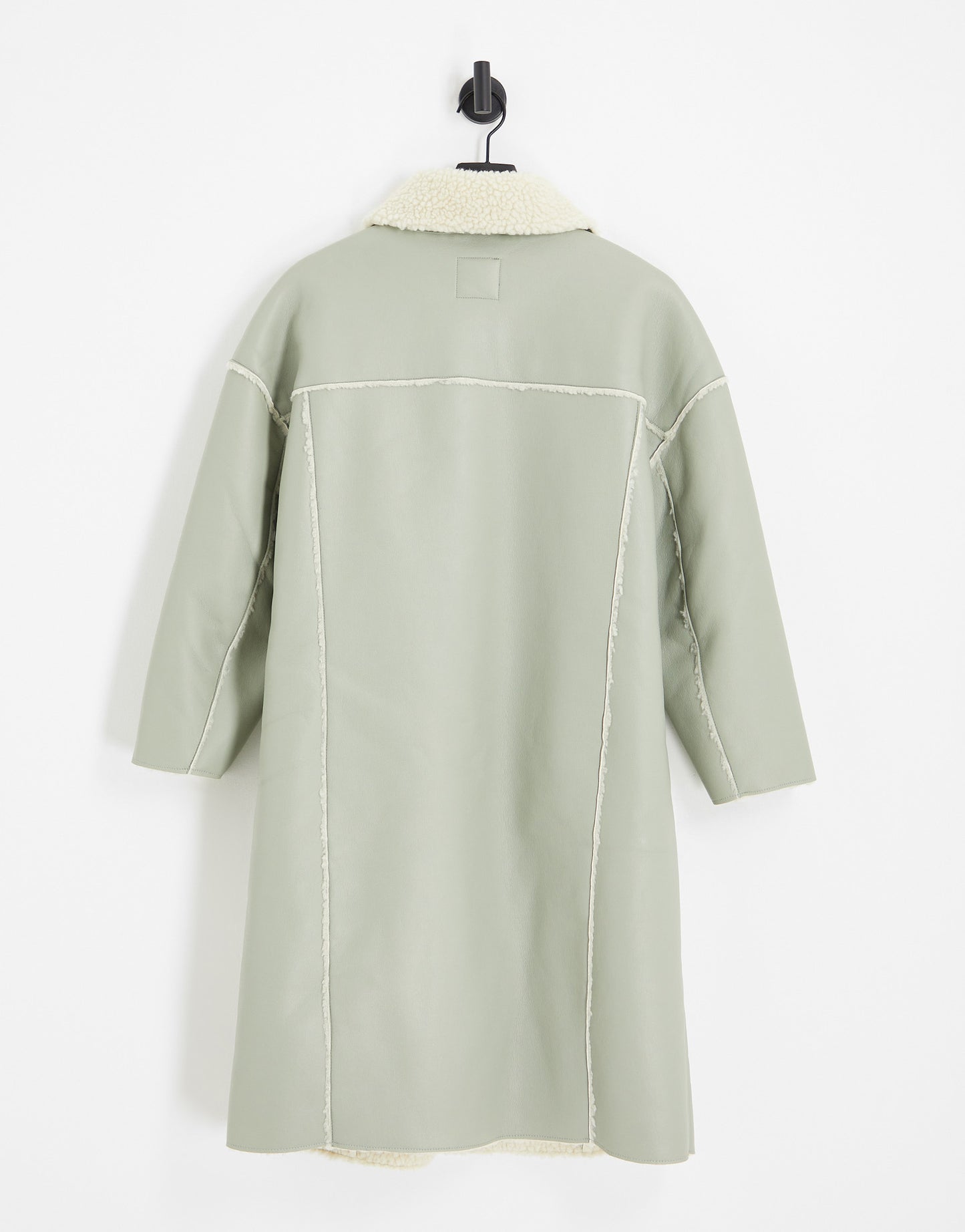 Urban Code Petite longline pu avaitor coat in sage green with contrast cream borg trims