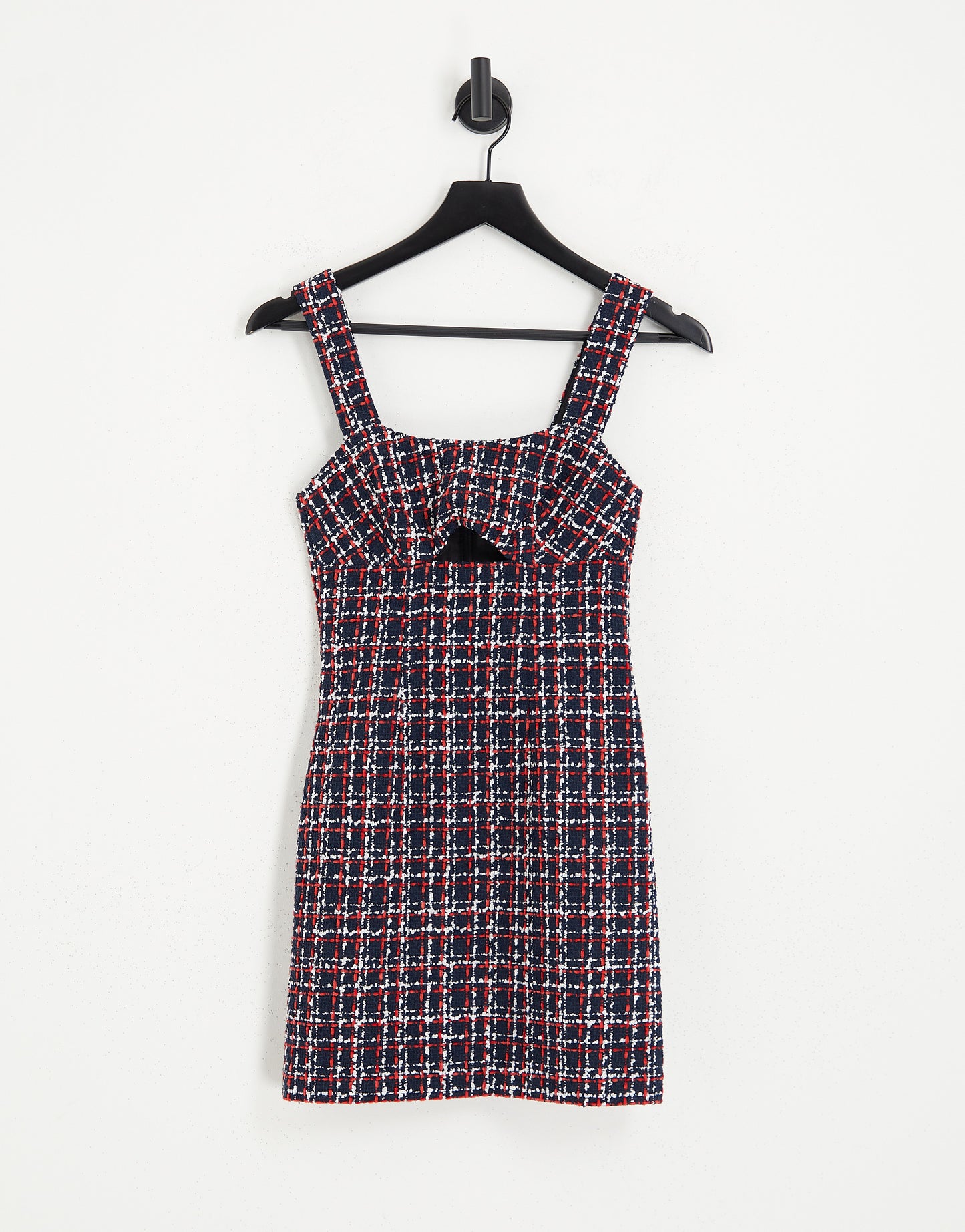 Miss Selfridge boucle mini pinny dress with cut out detail in navy check