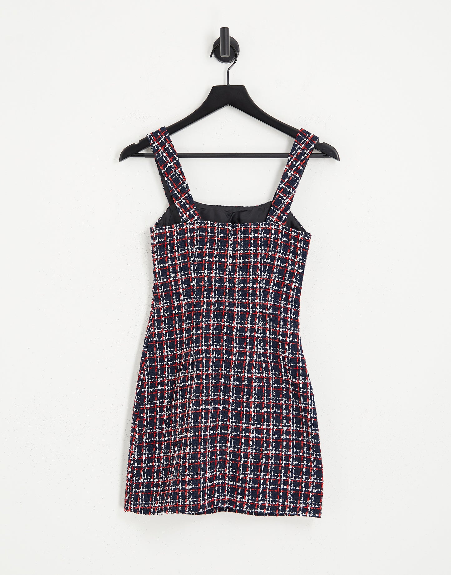 Miss Selfridge boucle mini pinny dress with cut out detail in navy check