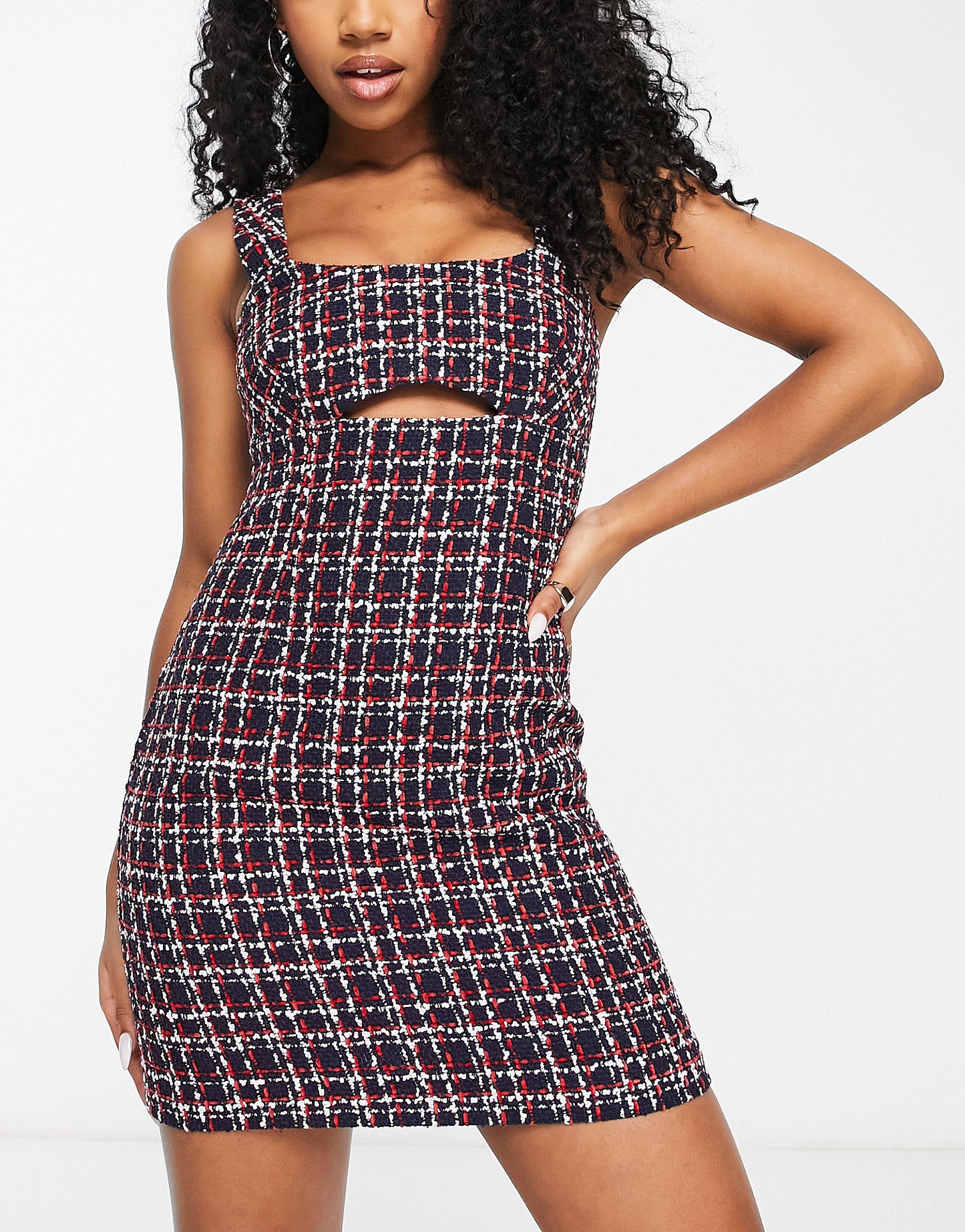 Miss Selfridge boucle mini pinny dress with cut out detail in navy check