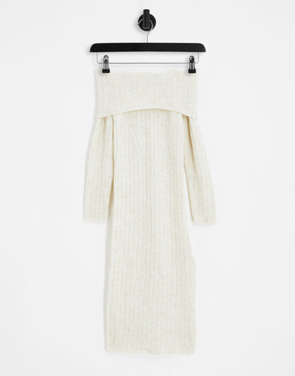 Miss Selfridge brushed knit rib fold over midaxi dress with high split in oatmeal