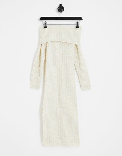 Miss Selfridge brushed knit rib fold over midaxi dress with high split in oatmeal