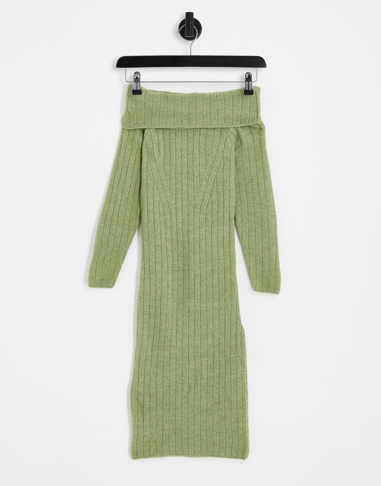 Miss Selfridge brushed knit rib fold over midaxi dress with high split in khaki