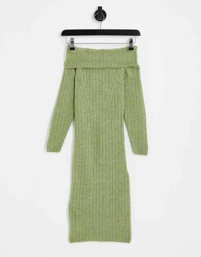 Miss Selfridge brushed knit rib fold over midaxi dress with high split in khaki