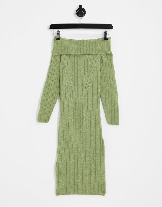 Miss Selfridge brushed knit rib fold over midaxi dress with high split in khaki