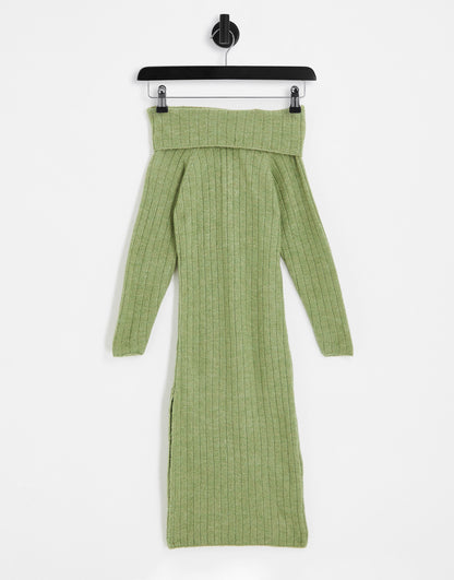 Miss Selfridge brushed knit rib fold over midaxi dress with high split in khaki