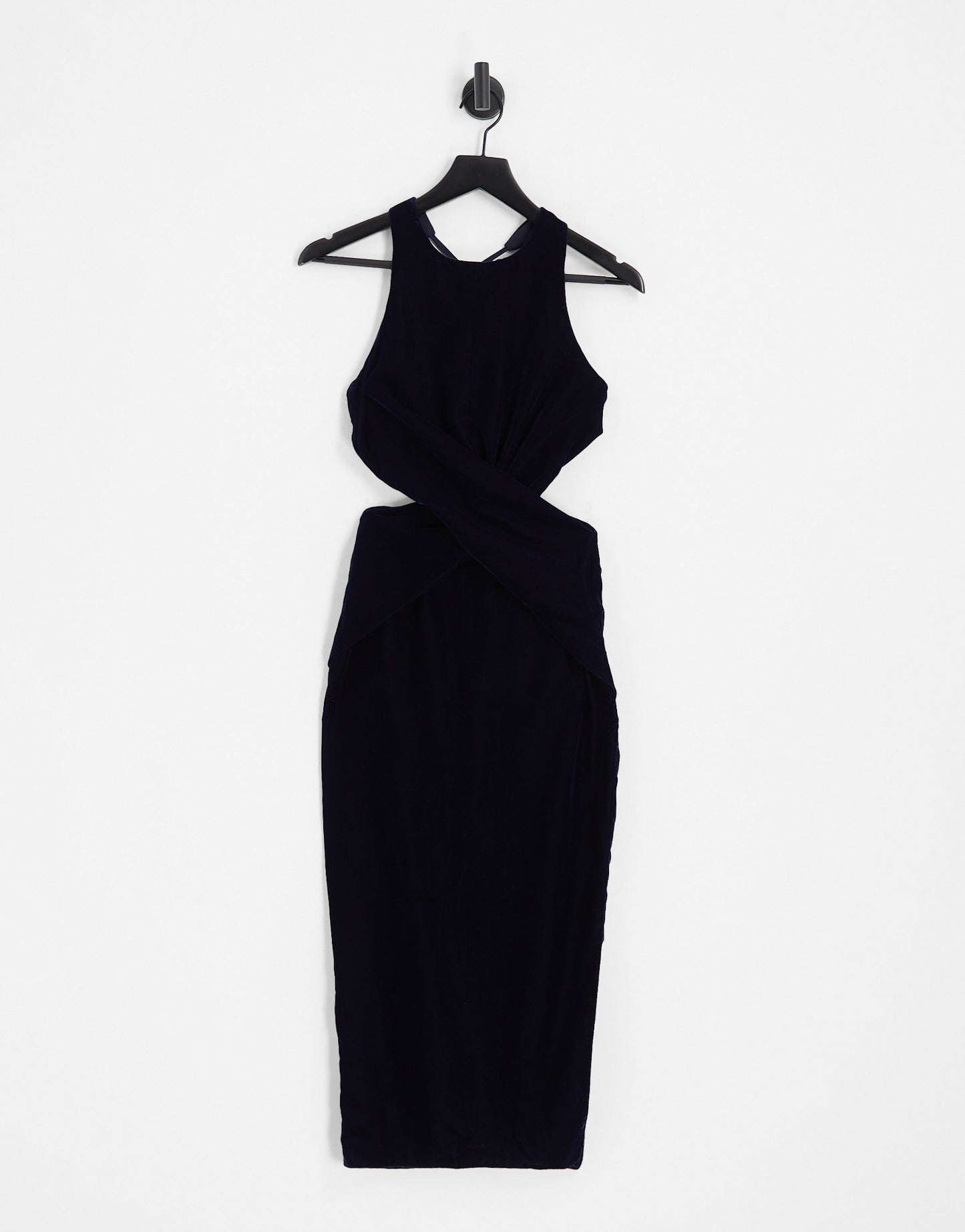 ASOS DESIGN halter velvet midi dress with wrap waist detail in navy