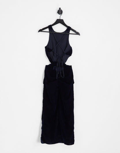 ASOS DESIGN halter velvet midi dress with wrap waist detail in navy