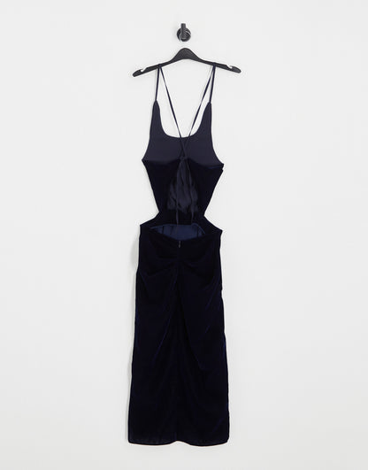 ASOS DESIGN halter velvet midi dress with wrap waist detail in navy