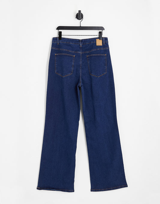 Pieces Curve Peggy high waisted wide leg jeans in dark blue