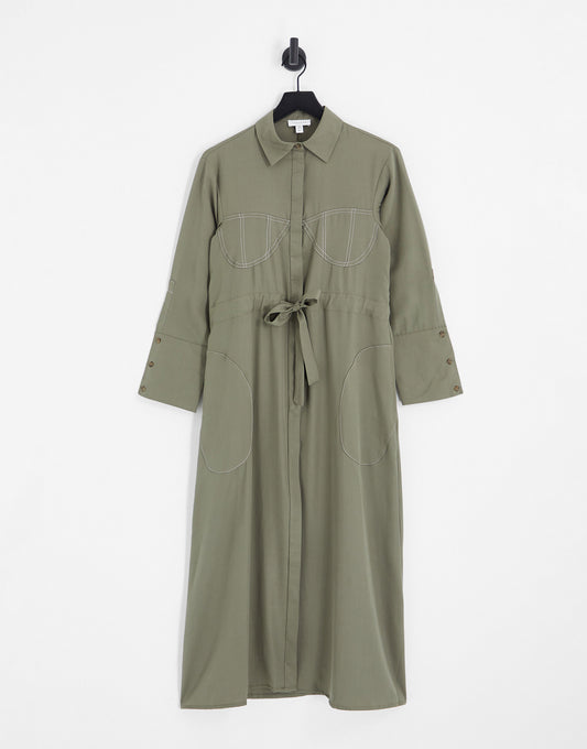 Topshop contrast bust stitch midi shirt dress in khaki