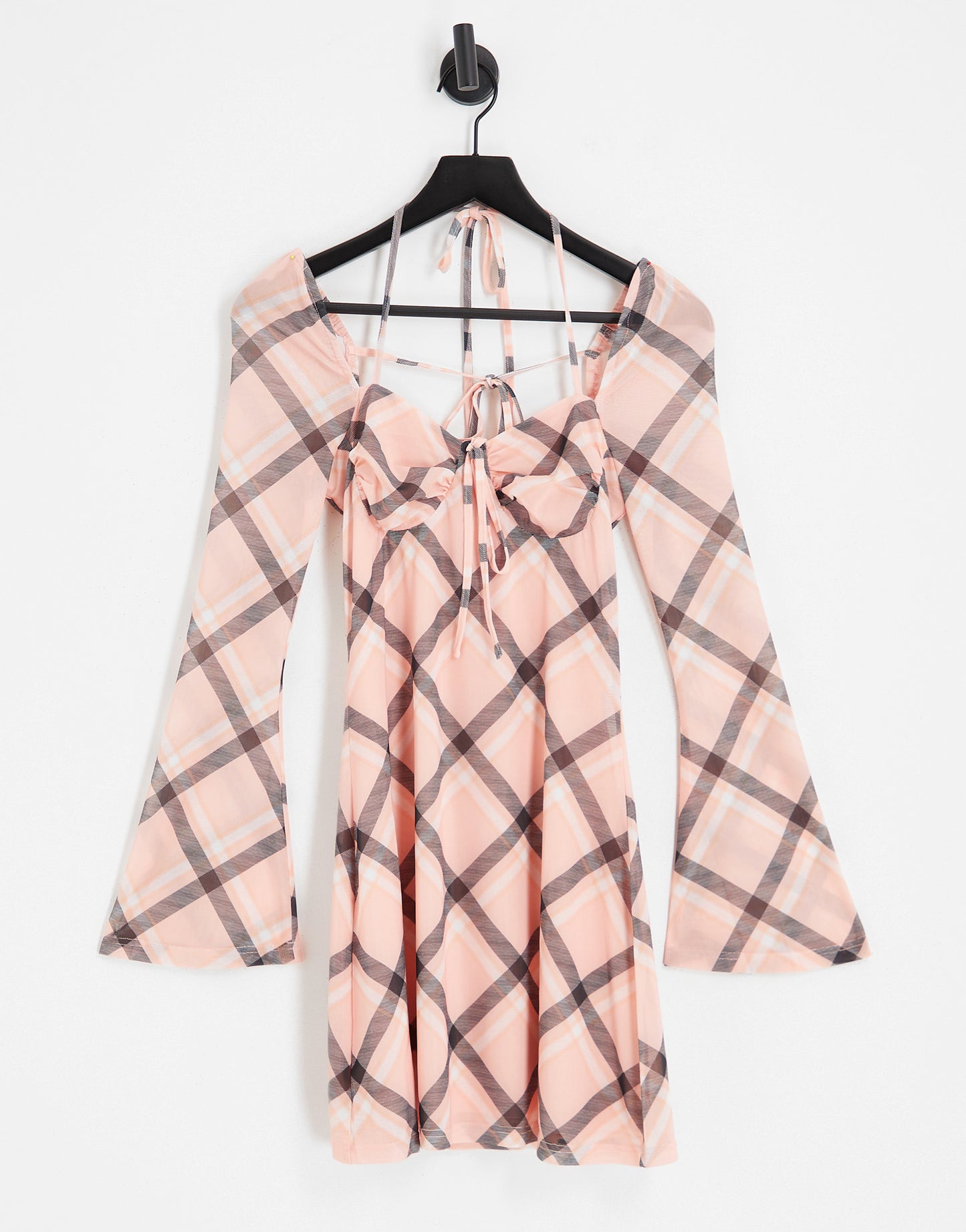 The Frolic check mesh sleeve mini dress in pale pink