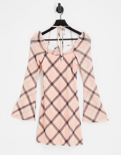 The Frolic check mesh sleeve mini dress in pale pink