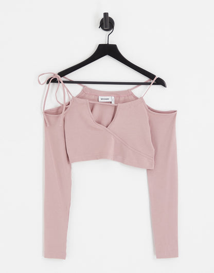 Weekday Zenia cut out long sleeve crop top in pale pink