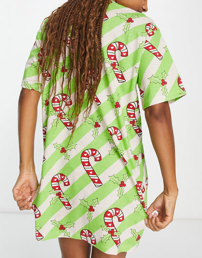 ASOS DESIGN Christmas candy cane stripe sleep tee in green & cream