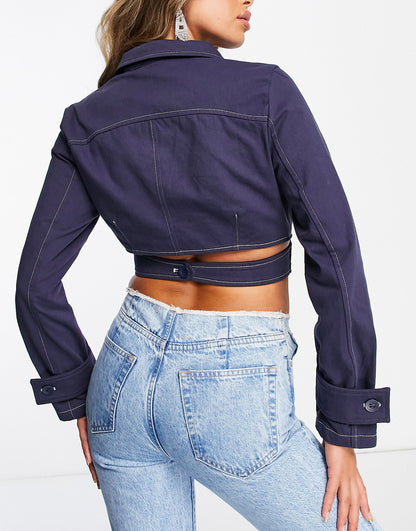 Amy Lynn cropped wrap denim jacket in blue