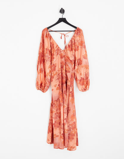 ASOS DESIGN satin batwing sleeve midi dress in burnt orange floral